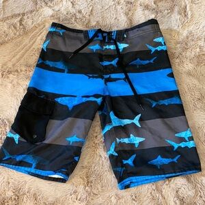 Hang Ten Boys Medium swim trunks shorts swimwear beach pool sharks blue black M​